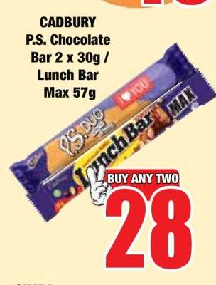 CADBURY P.S. Chocolate Bar 2 x 30g / Lunch Bar Max 57g
