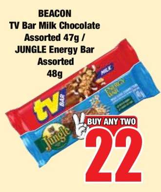 BEACON TV Bar Milk Chocolate Assorted 47g / JUNGLE Energy Bar Assorted 48g
