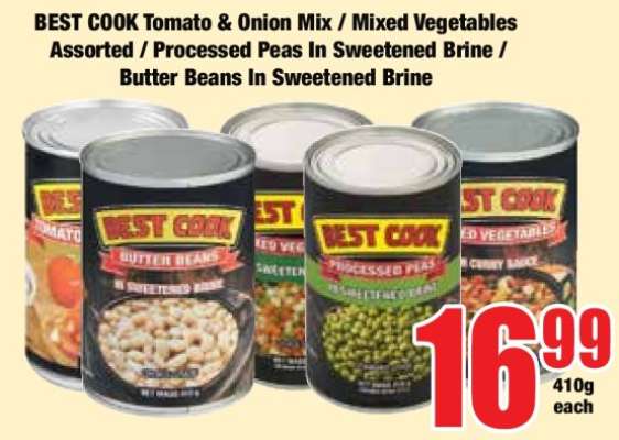 BEST COOK Tomato & Onion Mix / Mixed Vegetables Assorted / Processed Peas In Sweetened Brine / Butter Beans In Sweetened Brine
