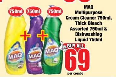 MAQ Multipurpose Cream Cleaner 750ml, Thick Bleach Assorted 750ml & Dishwashing Liquid 750ml