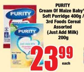 PURITY Cream of Maize Baby’s Soft Porridge 400g / 3rd Foods Cereal Assorted (Just Add Milk) 200g