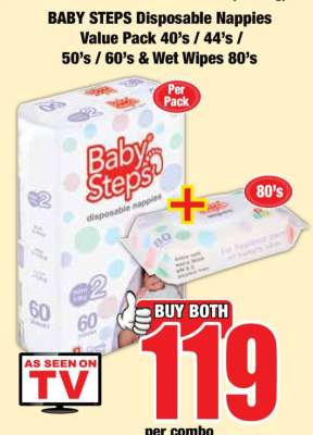 BABY STEPS Disposable Nappies Value Pack 40's / 44's / 50's / 60's & Wet Wipes 80's