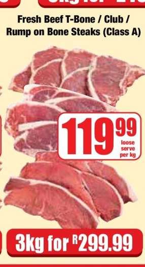 Fresh Beef T-Bone / Club / Rump On Bone Steaks (Class A)
