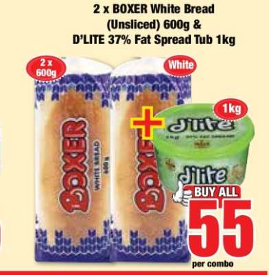 2 x BOXER White Bread (Unsliced) 600g & D’LITE 37% Fat Spread Tub 1kg