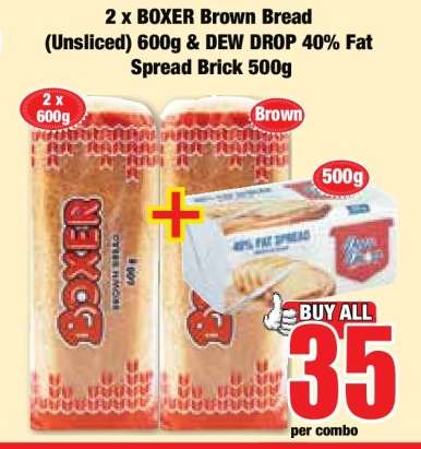 2 x BOXER Brown Bread (Unsliced) 600g & DEW DROP 40% Fat Spread Brick 500g