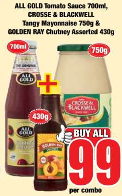 ALL GOLD Tomato Sauce 700ml, CROSSE & BLACKWELL Tangy Mayonnaise 750g & GOLDEN RAY Chutney Assorted 430g