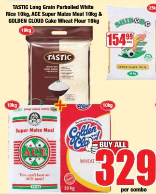 TASTIC Long Grain Parboiled White Rice 10kg, ACE Super Maize Meal 10kg & GOLDEN CLOUD Cake Wheat Flour 10kg