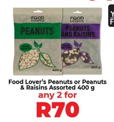 Food Lover’s Peanuts or Peanuts & Raisins Assorted 400 g