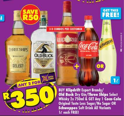 Klipdrift Export Brandy/Old Buck Dry Gin/Three Ships Select Whisky 2x 750ml