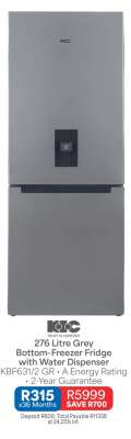 276 Litre Grey Bottom-Freezer Fridge with Water Dispenser