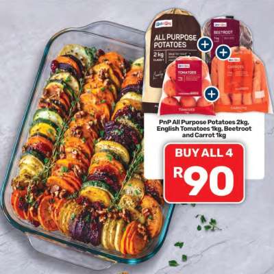 PnP All Purpose Potatoes 2kg, English Tomatoes 1kg, Beetroot and Carrot 1kg