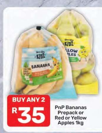 PnP Bananas Prepack or Red or Yellow Apples 1kg