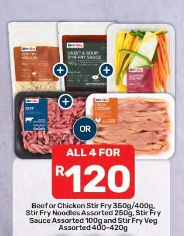 Beef or Chicken Stir Fry 350g/400g, Stir Fry Noodles Assorted 250g, Stir Fry Sauce Assorted 100g and Stir Fry Veg Assorted 400-420g
