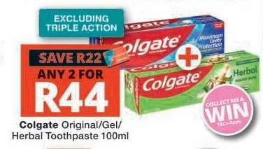 COLGATE ORIGINAL/GEL/HERBAL TOOTHPASTE 100ml