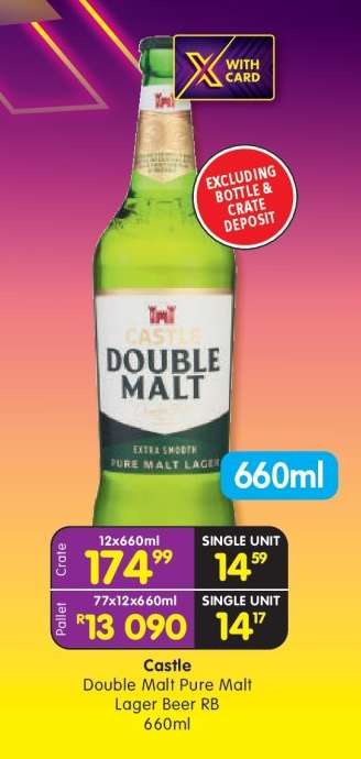 Castle Double Malt Pure Malt Lager Beer RB 660ml