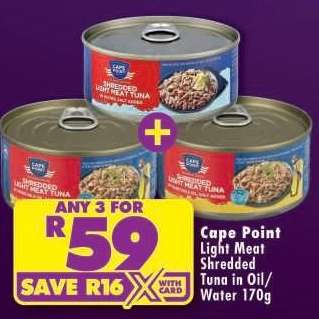 CAPE POINT LIGHT MEAT SHREDDED TUNA IN OIL/WATER 170g