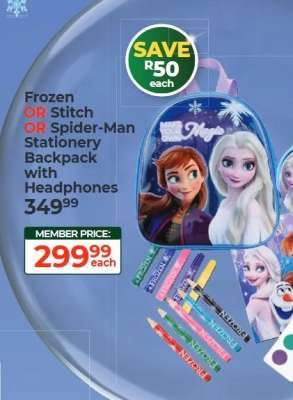 Frozen OR Stitch OR Spider-Man Stationery Backpack with Headphones