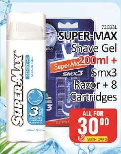 SUPER-MAX Shave Gel 200ml + Smx3 Razor + 8 Cartridges