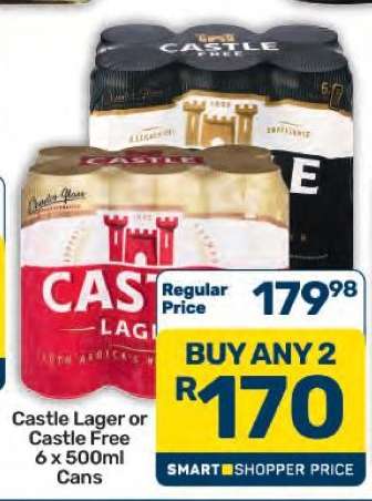 Castle Lager or Castle Free 6 x 500ml Cans