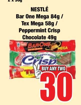 NESTLÉ Bar One Mega 84g / Tex Mega 58g / Peppermint Crisp Chocolate 49g