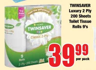 TWINSAVER Luxury 2 Ply 200 Sheets Toilet Tissue Rolls 9's